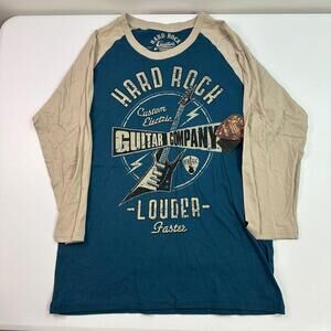 Hard Rock Music Shirt Mens Medium Blue Long Sleeve Electric Guitar USA Tee